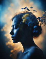 A dreamy, surreal portrait of a female silhouette with a soft, blurred effect