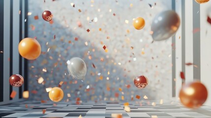 Floating spheres with confetti against checkered flooring and walls