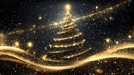 Magical christmas tree celebration with glittering gold lights
