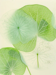 closeup radiograph transparency abstract sliced melon against clean light backdrop sprinkled with droplets delicate azure water lily and gentle jade lotus foliage iced pane haze layered exposure 