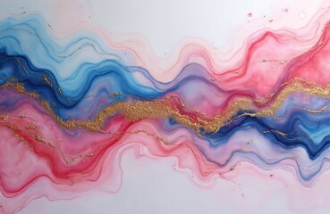 Luxury abstract fluid art painting with alcohol ink, watercolor mixture. Pink, blue, gold paints, great as wallpaper with pink opal cut for bedroom kids room. Marble effect. Interior design element.
