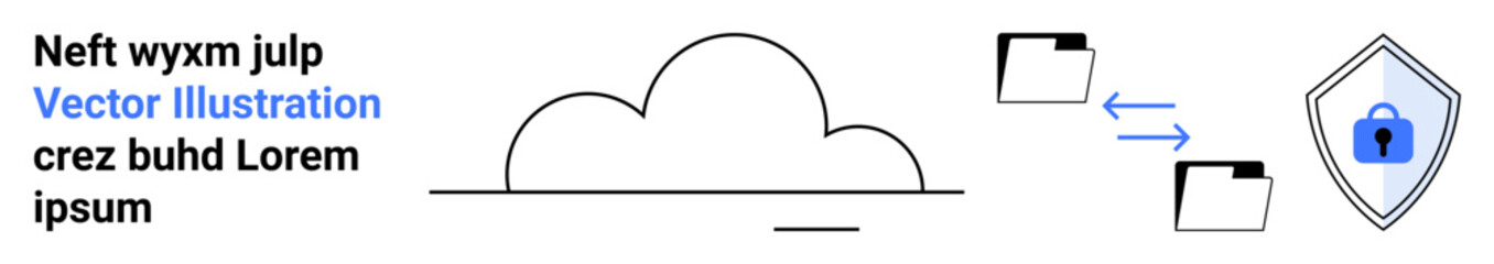 Cloud storage icon connects folders with secure shield. Ideal for tech, cybersecurity, cloud computing, data sharing, encryption, digital safety, flat landing page banner