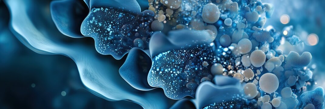 Biotech symposium banner showcasing microscopic biological structures and patterns