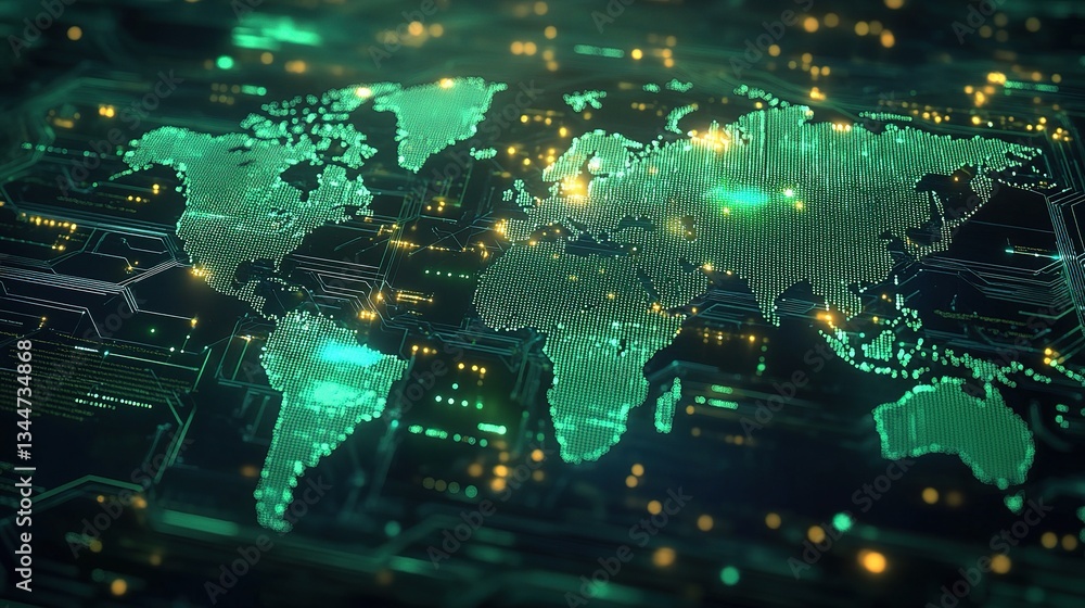 Poster world map circuit board design with glowing lines technology