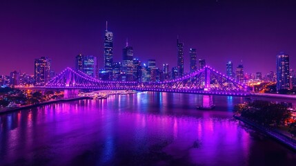 Night cityscape panorama of illuminated bridge over river