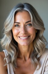 Naklejka premium Adult woman with healthy skin. Anti-aging face care, fresh look, clean beauty, smooth texture. Portrait of smiling mature model with natural make-up, cosmetology, skin care, spa, wellness procedures.