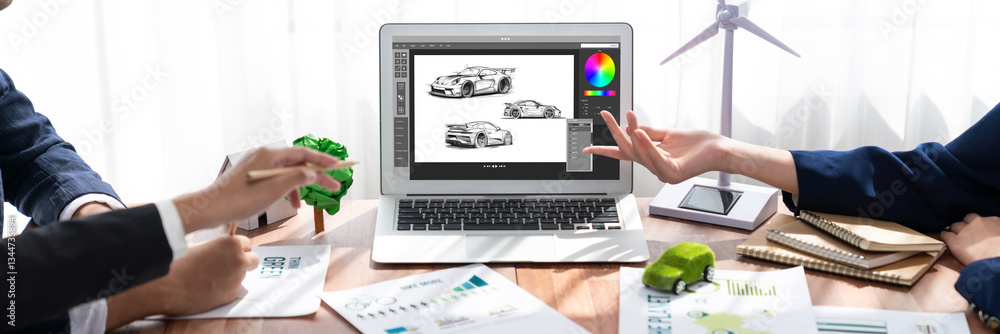 Poster electric car design software on computer screen showing simulation blueprint brisk by digital calcul