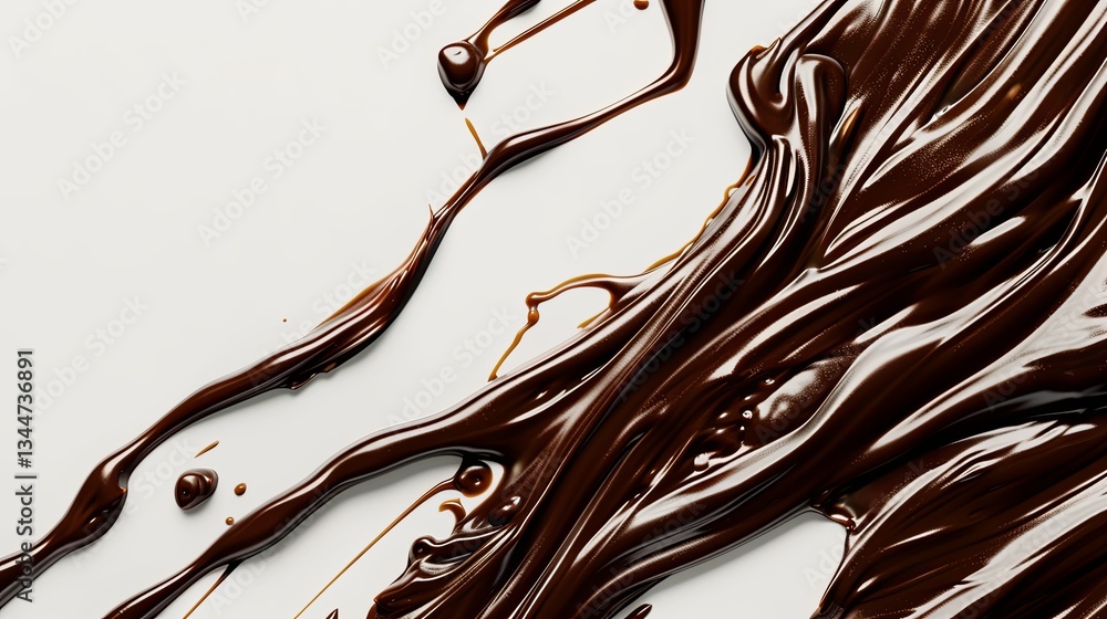 Poster droplets of thick, flowing melted chocolate swirl gracefully on a white cream background with a glos