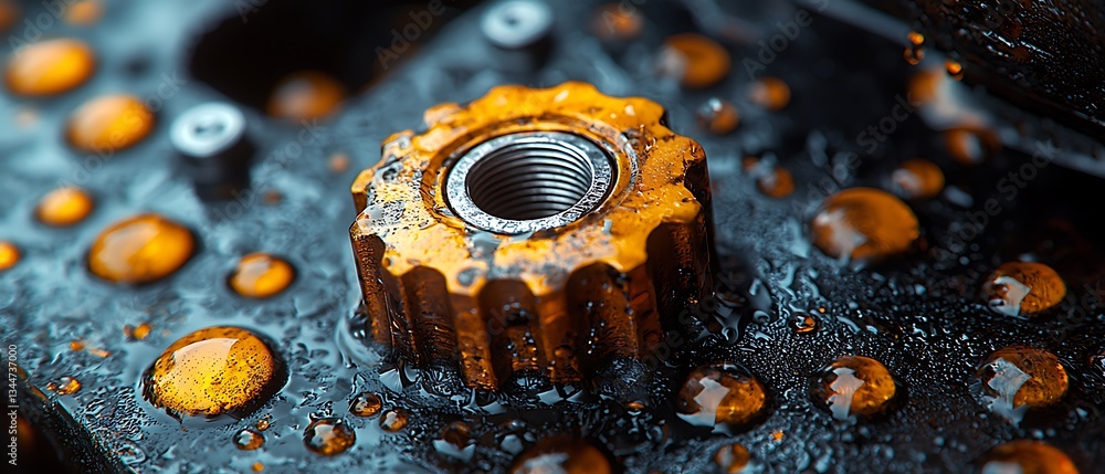 Poster close-up of a golden cog with intricate threads and water droplets on a dark textured surface.
