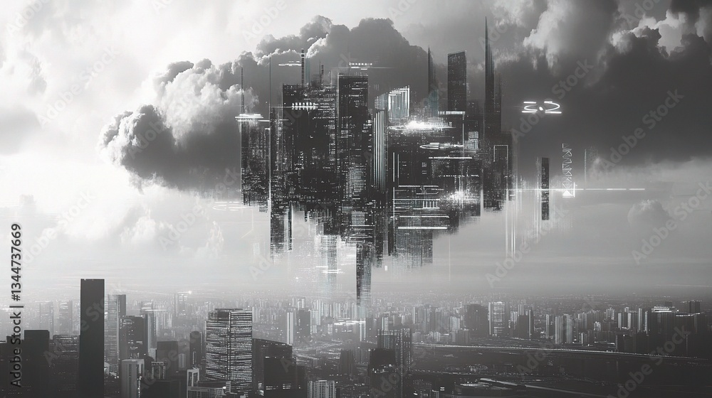 Aufkleber digital cloud computing icons hovering over a futuristic cityscape