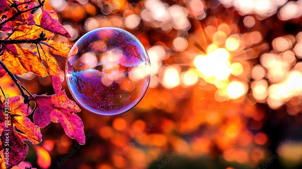 Poster a sharp focus of a leaf-surrounded bubble dangling from a tree, with a blurry background