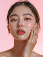 Beautiful woman applying skincare gel. Perfect for beauty, facial care, and cosmetic promotions. Fresh and radiant look