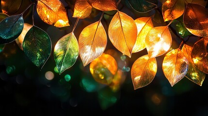  A focused photo of tree branches adorned with leaves, set against a backdrop of bright lights The foliage in the foreground is slightly out-of-
