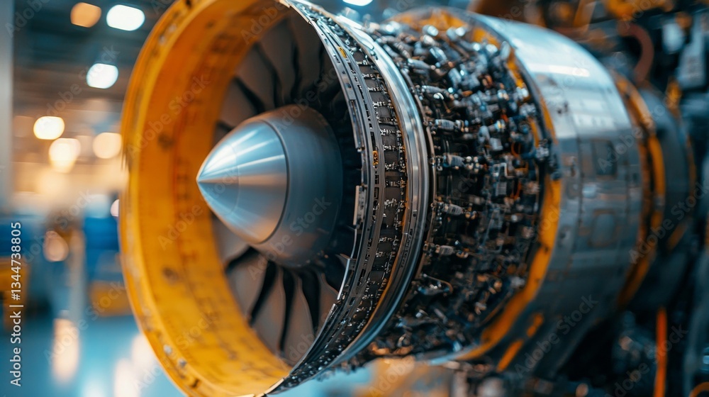 Aufkleber Engineers work diligently in a high-tech aerospace facility, focusing on assembling and testing a precision jet engine. The intricate design and technology are on full display