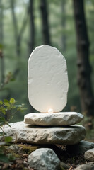 white stone balanced on rocks in a forest setting