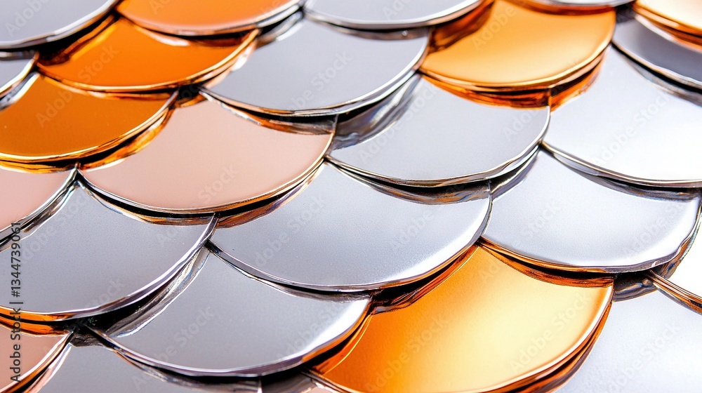 Poster a close-up of a gleaming metallic surface exhibiting an array of orange and silver circle patterns a