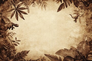 A sepia toned prehistoric plant poster, with small dinosaurs hidden in the leaves and a blank space for captions