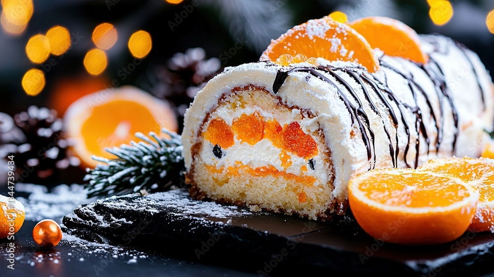 Poster a close-up of a cake with icing and orange slices on a table against a christmas tree in the backgro