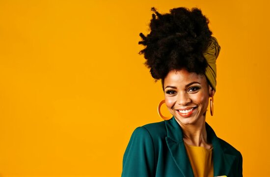 young woman from serious to smiling, with big yellow earrings and afro hair wrapped with a head wrap scarf