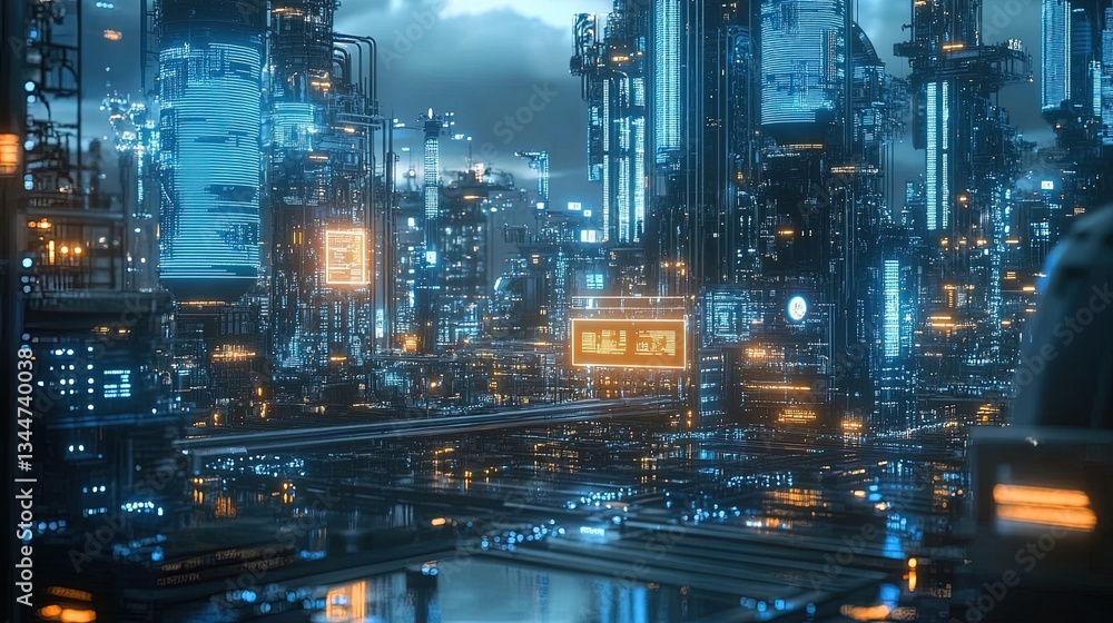 Poster smart factory with advanced automated machinery, digital data overlay, blue neon highlights
