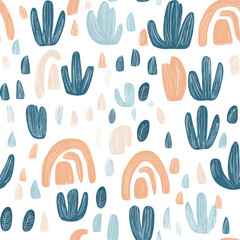 Boho Pastel Rainbow & Abstract Shapes Seamless Pattern – Cute Aesthetic Design with Tropical Leaves & Raindrops