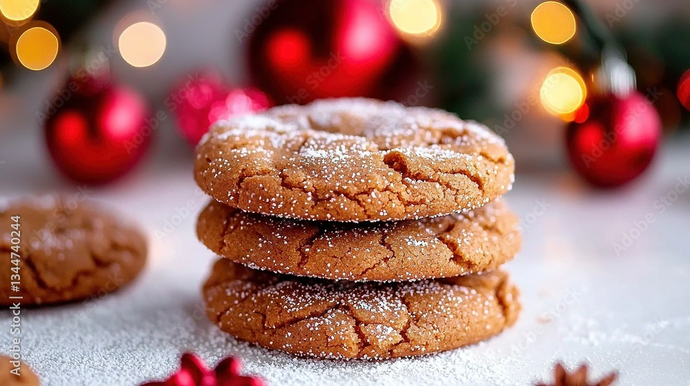 Poster a stack of cookies atop a table beside a mound of cookies on another table