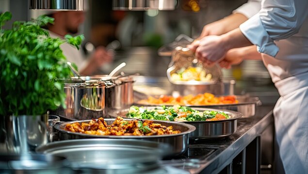 Chef preparing food in commercial kitchen
