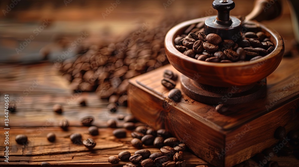 Poster exploring the aroma and richness of freshly ground coffee beans on a rustic wooden table generative 