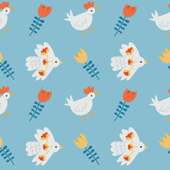 Seamless pattern with stylized chickens, birds, and flowers on a blue background. The illustration evokes a folk-art style, symbolizing spring, nature, and rural charm