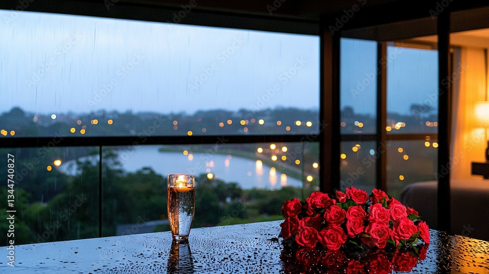 Poster a table with a vase of roses and a candle in front of a window