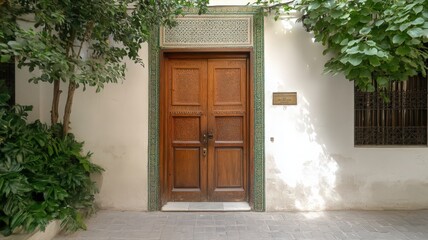 Ornate Carved Wooden Door with Teal and White Tile Frame