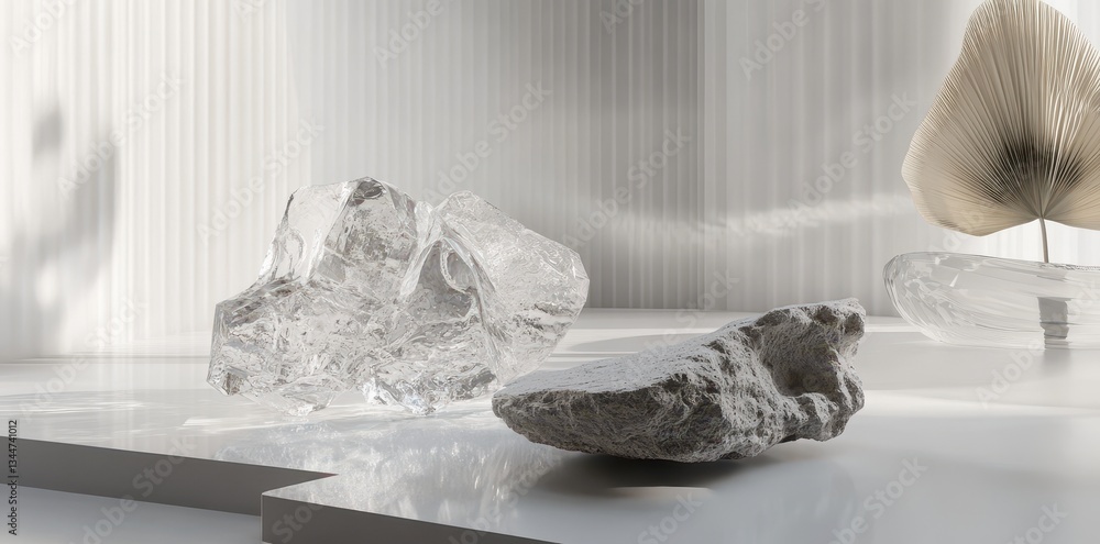 Poster the abstract arrangement of textured objects on a reflective surface