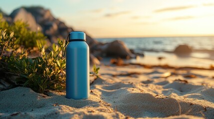 Blue water bottle rests on a sandy beach at sunset