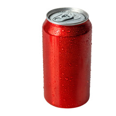 A chilled red aluminum soda can with water droplets, isolated on white or transparent PNG. Ideal for summer refreshment ads and drink branding.