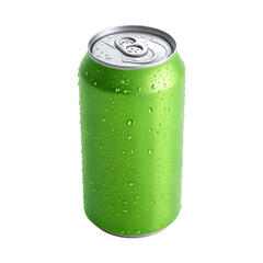 A second green aluminum soda can, covered in water droplets, isolated on white or transparent PNG. A perfect element for refreshing summer drink ads.