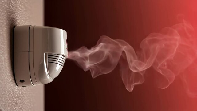 Motion detector releasing smoke during alarm activation on red background. Security sensor emitting white vapor when triggered. Home safety, fire detection. Security, smoke detectors, fire prevention
