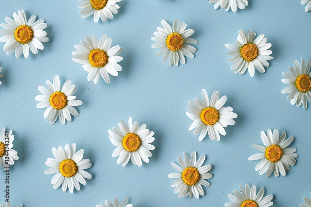 Poster Chamomile flowers arranged flat on a blue background creating a pattern of natural beauty in spring and summer Generative AI