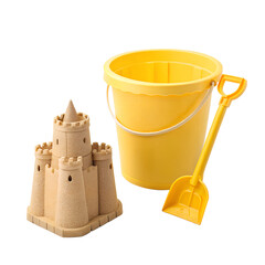 A yellow beach bucket with a small sandcastle and shovel, isolated on white or transparent png. Great for summer designs, beach fun, and kids' vacation themes.