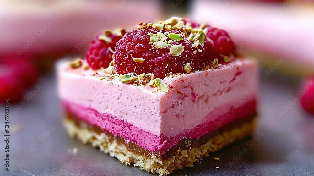 Poster piece of cake with raspberry and pistachio toppings on a table