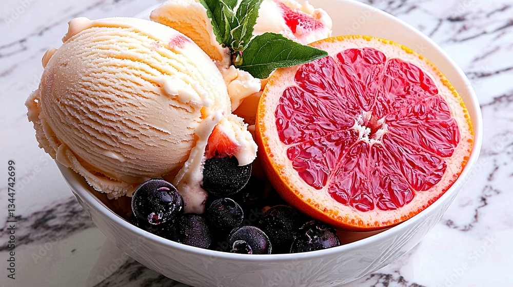 Poster a macro of a bowl of fruit with ice cream and a grapefruit slice adjacent
