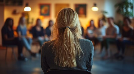 Back view of a blonde woman sitting facing a group of people running away in a dimly lit room