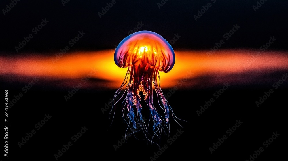 Poster a zoomed-in shot of a jellyfish in water with a red glow centered on it