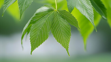 Fototapeta na wymiar Close Up Of Green Leaf With White Spots Showing Detailed Veins And Fresh Appearance Against Blurred Green Background