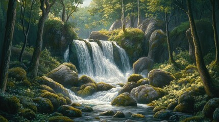 Majestic Waterfall Surrounded by Lush Greenery in a Tranquil Forest Setting with Soft Sunlight Filtering Through Trees