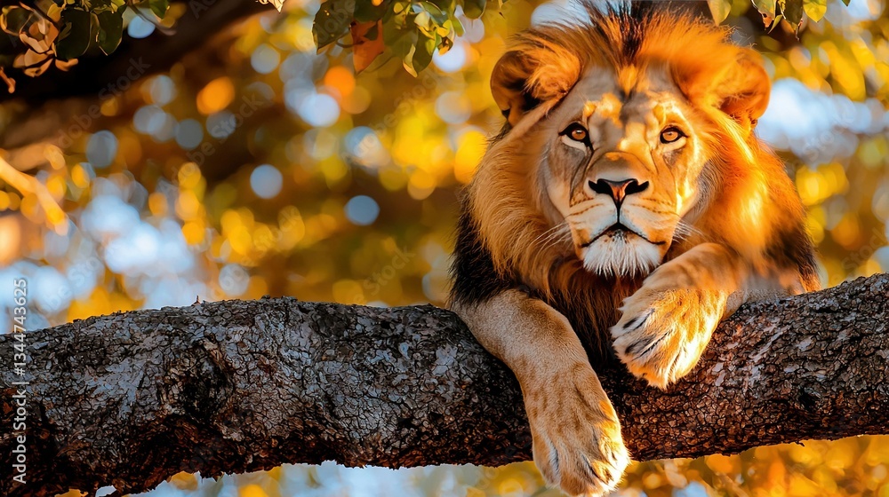 Poster a close-up of a lion lying on a tree branch with its paws on the branch and facing the camera