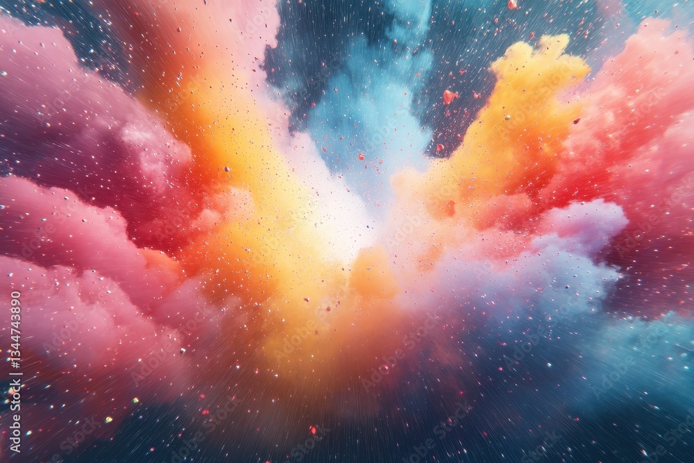 Poster a vibrant explosion of colorful clouds with floating particles everywhere
