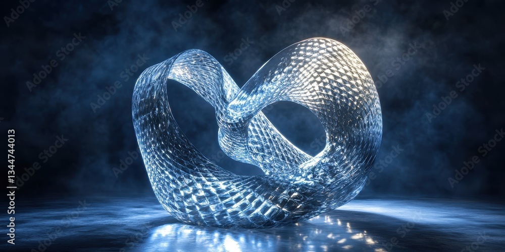 Poster a blue abstract interwoven loop reflecting light in a dark space