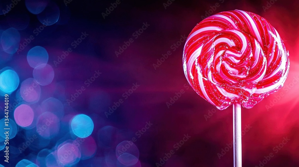Poster a sharp image of a brightly colored lollipop on a stick with fuzzy background lighting