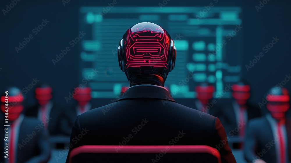 Poster a futuristic scene showing a person with a digital head, facing a group in a tech environment, highl