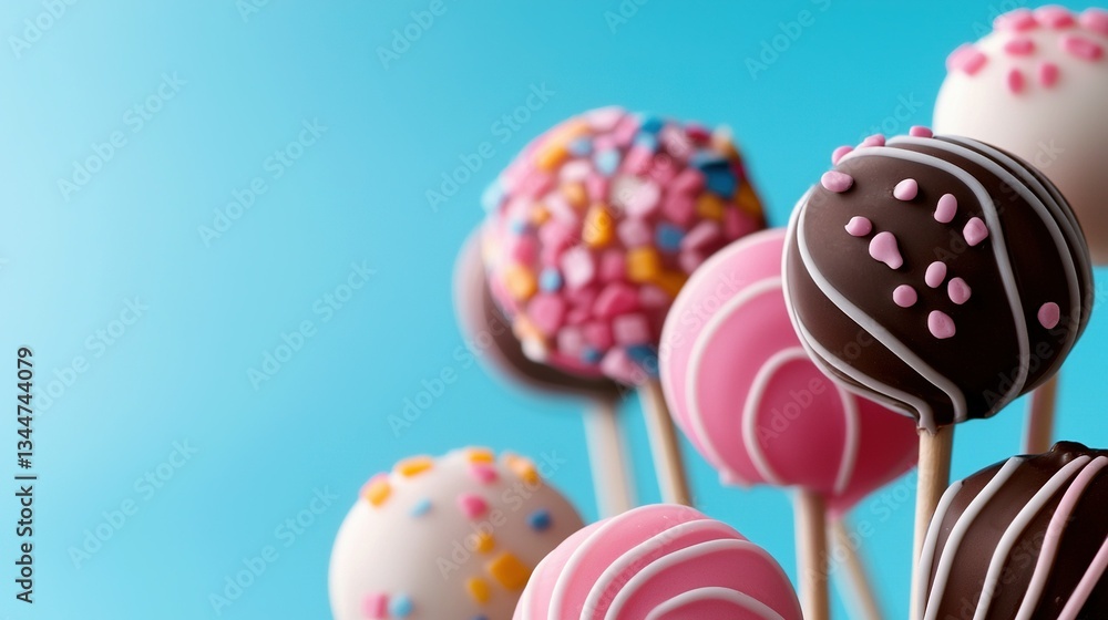 Poster a batch of colorful cake pops adorned with sparkling sprinkles and arranged on sticks against a vibr
